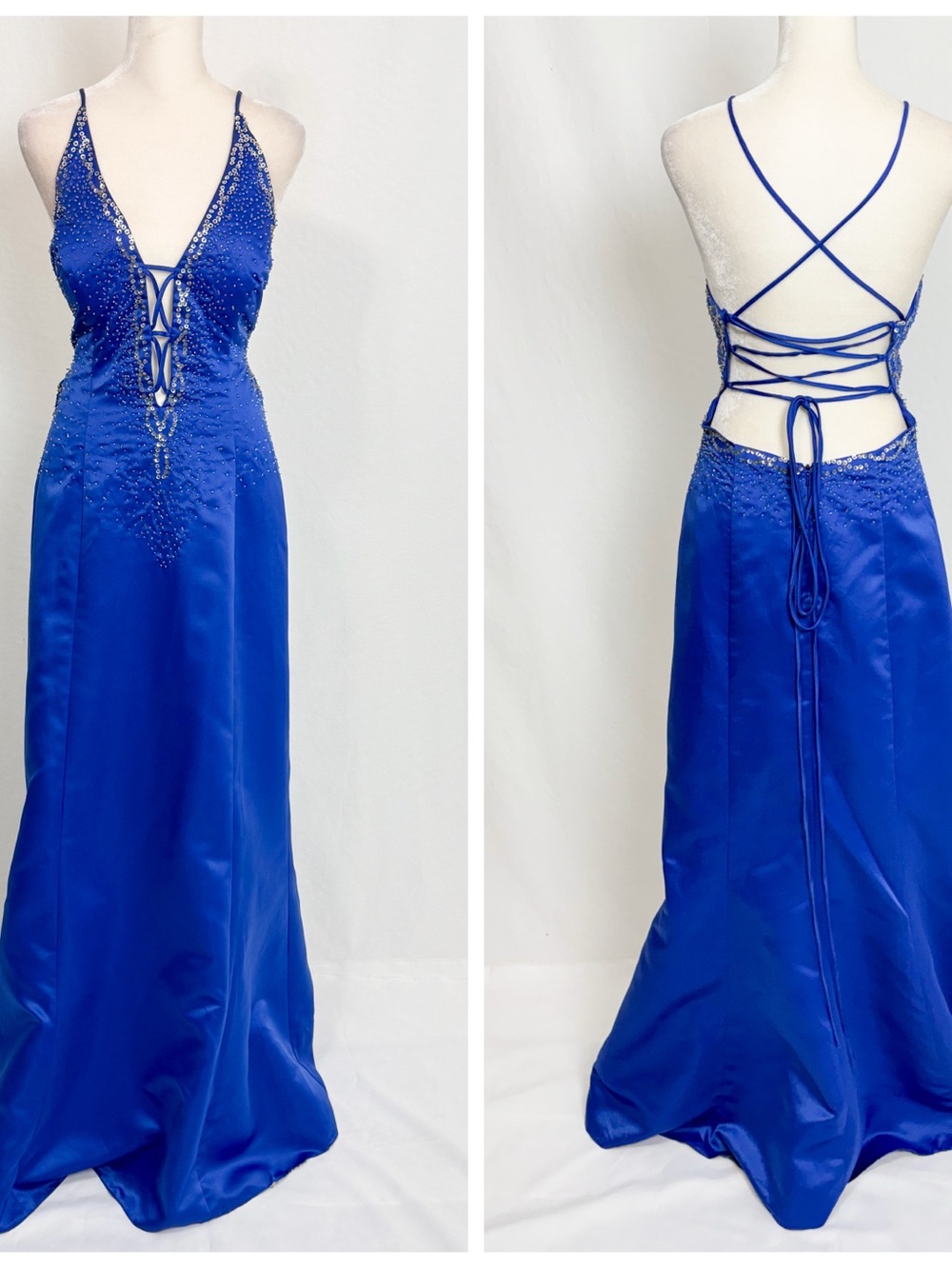 Vintage Y2K Royal Blue Lace-Up Backless Prom Dress